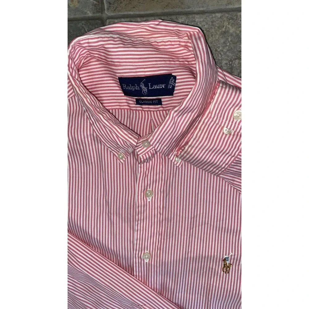 Polo Ralph Lauren XL 17 34/35 Long‎ Sleeve Pink Red Striped Button Down Classic